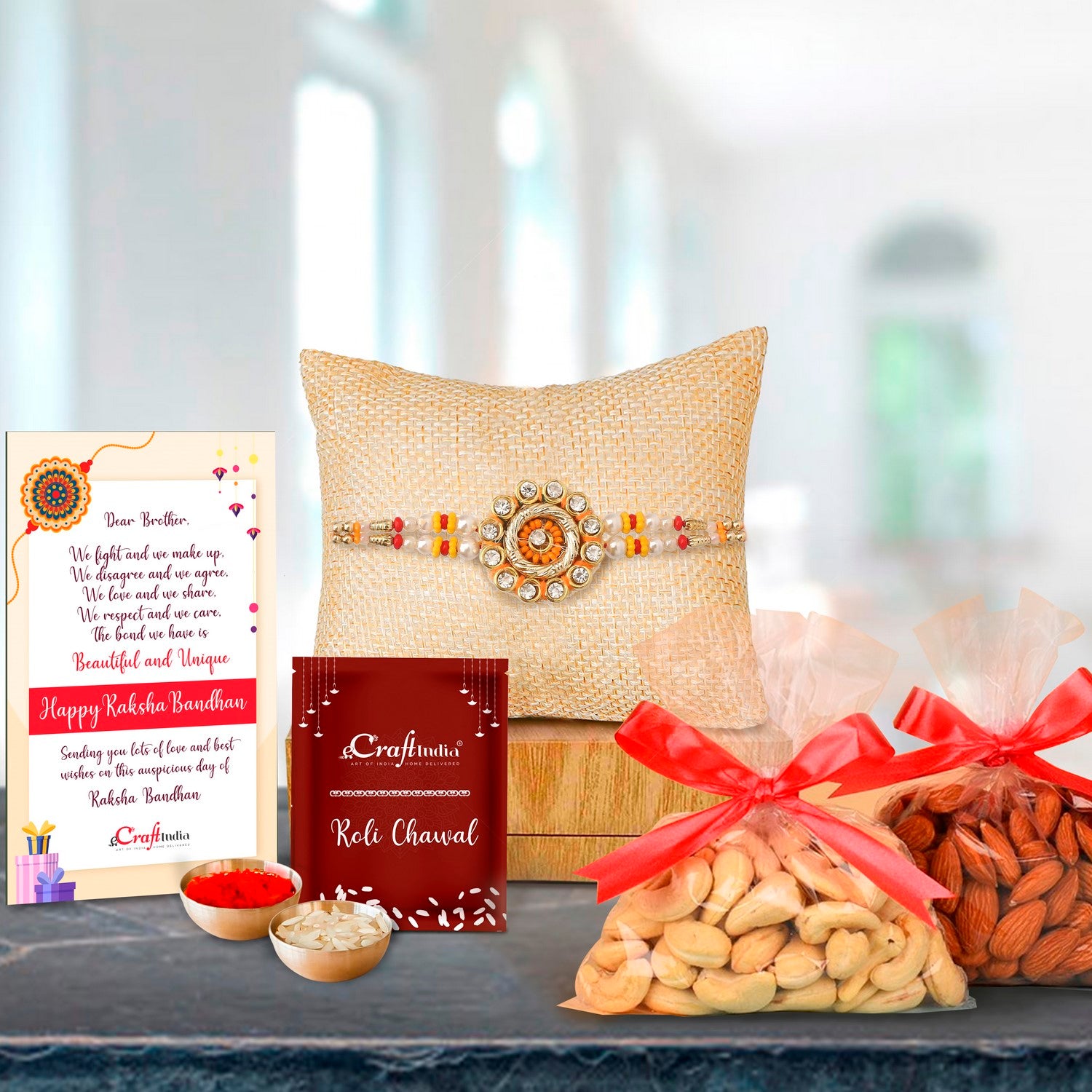 Designer Rakhi with Badam and Cashew (200 gm each, total 400 gm) and Roli Chawal Pack, Best Wishes Greeting Card