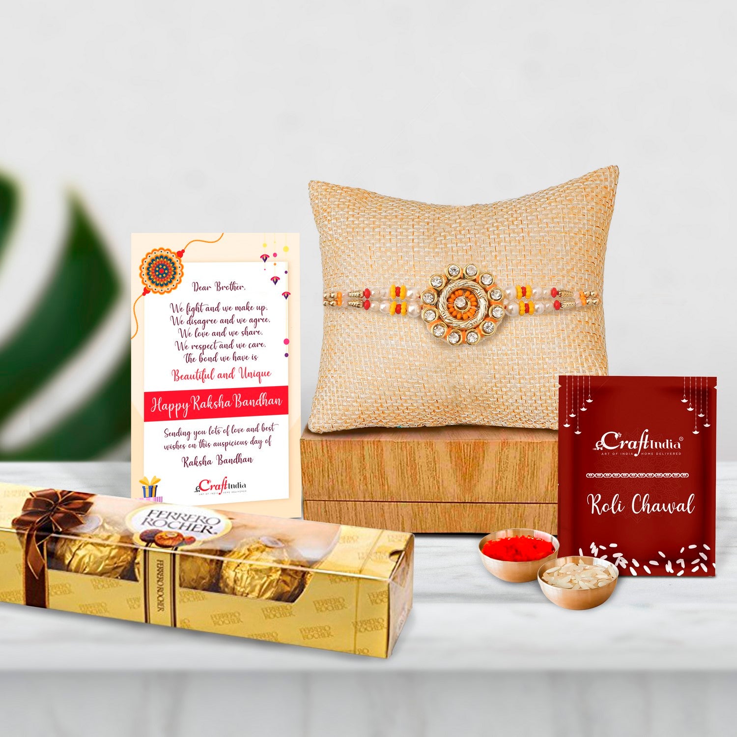 Designer Rakhi with Ferrero Rocher (4 pcs) and Roli Chawal Pack, Best Wishes Greeting Card