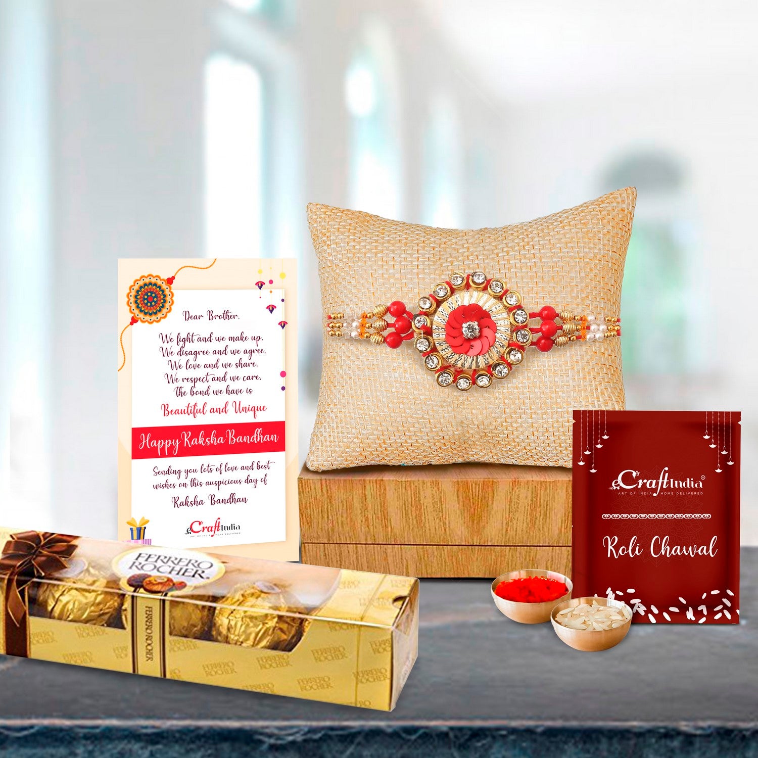 Designer Rakhi with Ferrero Rocher (4 pcs) and Roli Chawal Pack, Best Wishes Greeting Card