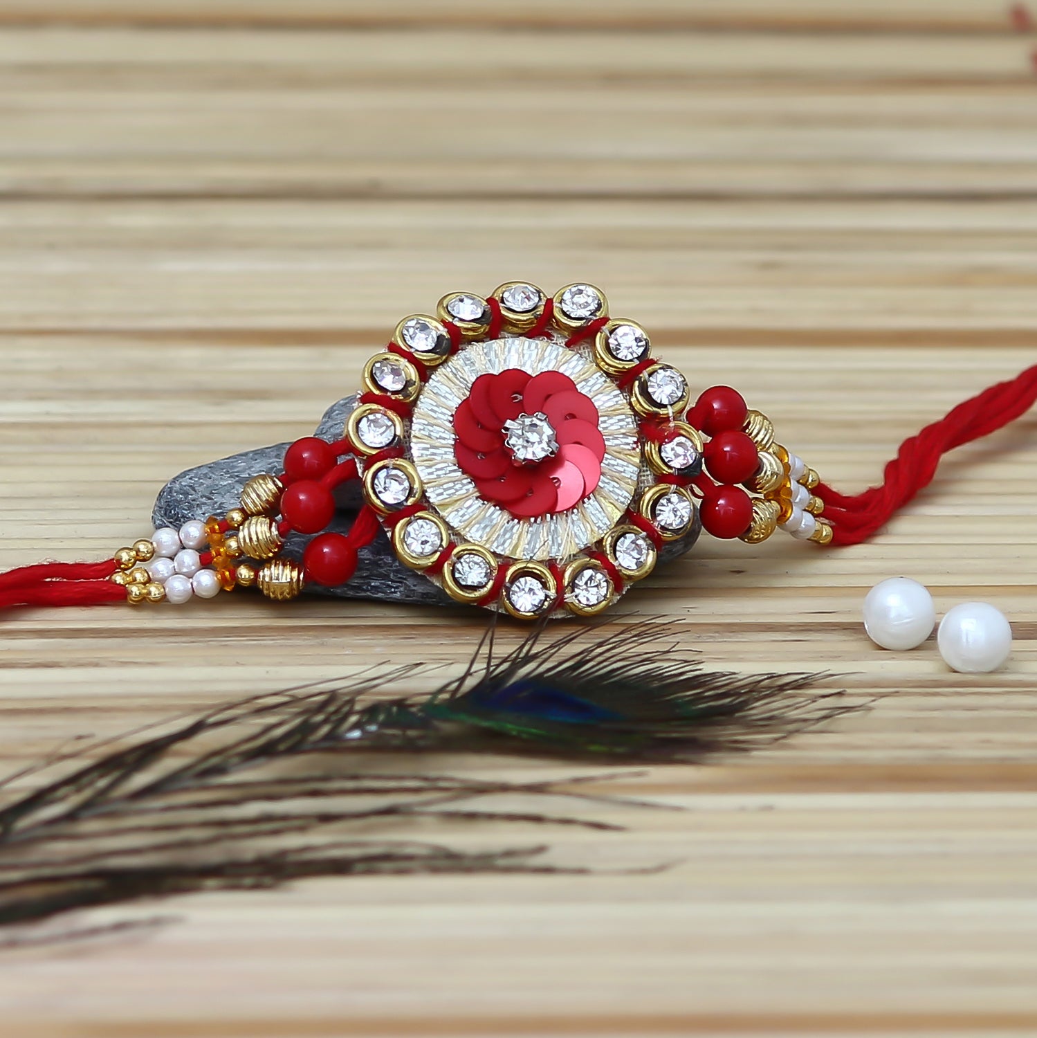 Designer Rakhi with Soan Papdi (500 Gm) and Roli Chawal Pack, Best Wishes Greeting Card 1