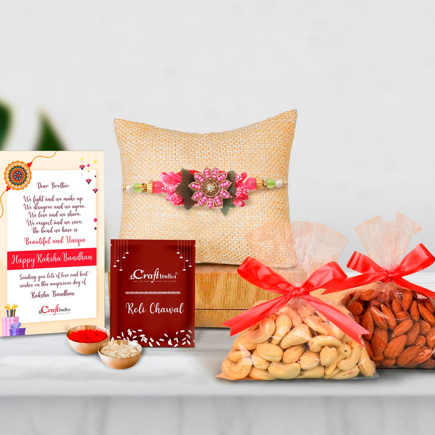 Designer Rakhi with Badam and Cashew (200 gm each, total 400 gm) and Roli Chawal Pack, Best Wishes Greeting Card