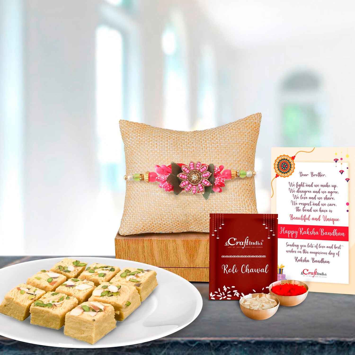 Designer Rakhi with Soan Papdi (500 Gm) and Roli Chawal Pack, Best Wishes Greeting Card