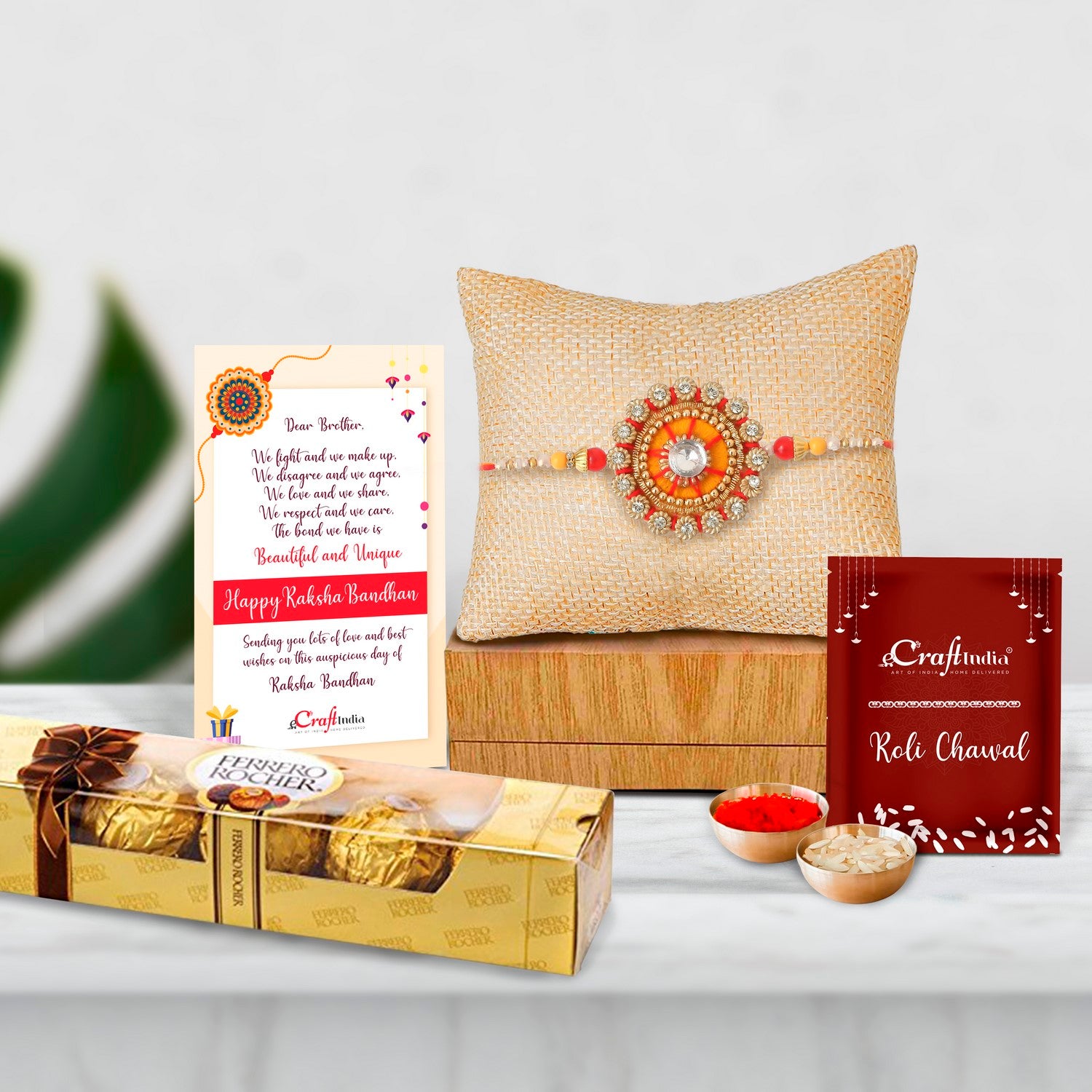 Designer Rakhi with Ferrero Rocher (4 pcs) and Roli Chawal Pack, Best Wishes Greeting Card