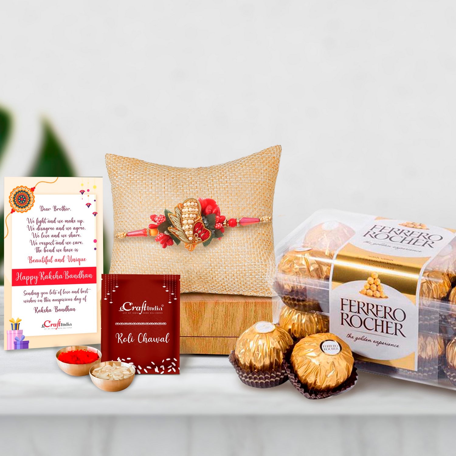 Designer Rakhi with Ferrero Rocher (16 pcs) and Roli Chawal Pack, Best Wishes Greeting Card