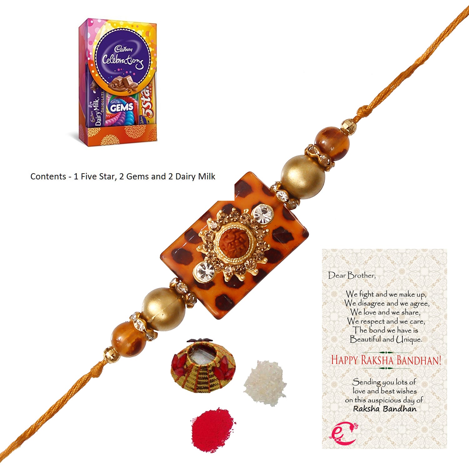 Stone Rudraksh Rakhi with Cadbury Celebrations Gift Pack of 5 Assorted Chocolates and Roli Tikka Matki, Best Wishes Greeting Card