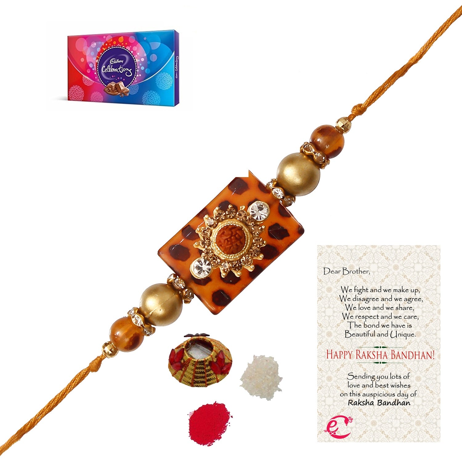 Stone Rudraksh Rakhi with Cadbury Celebrations Gift Pack of 7 Assorted Chocolates and Roli Tikka Matki, Best Wishes Greeting Card