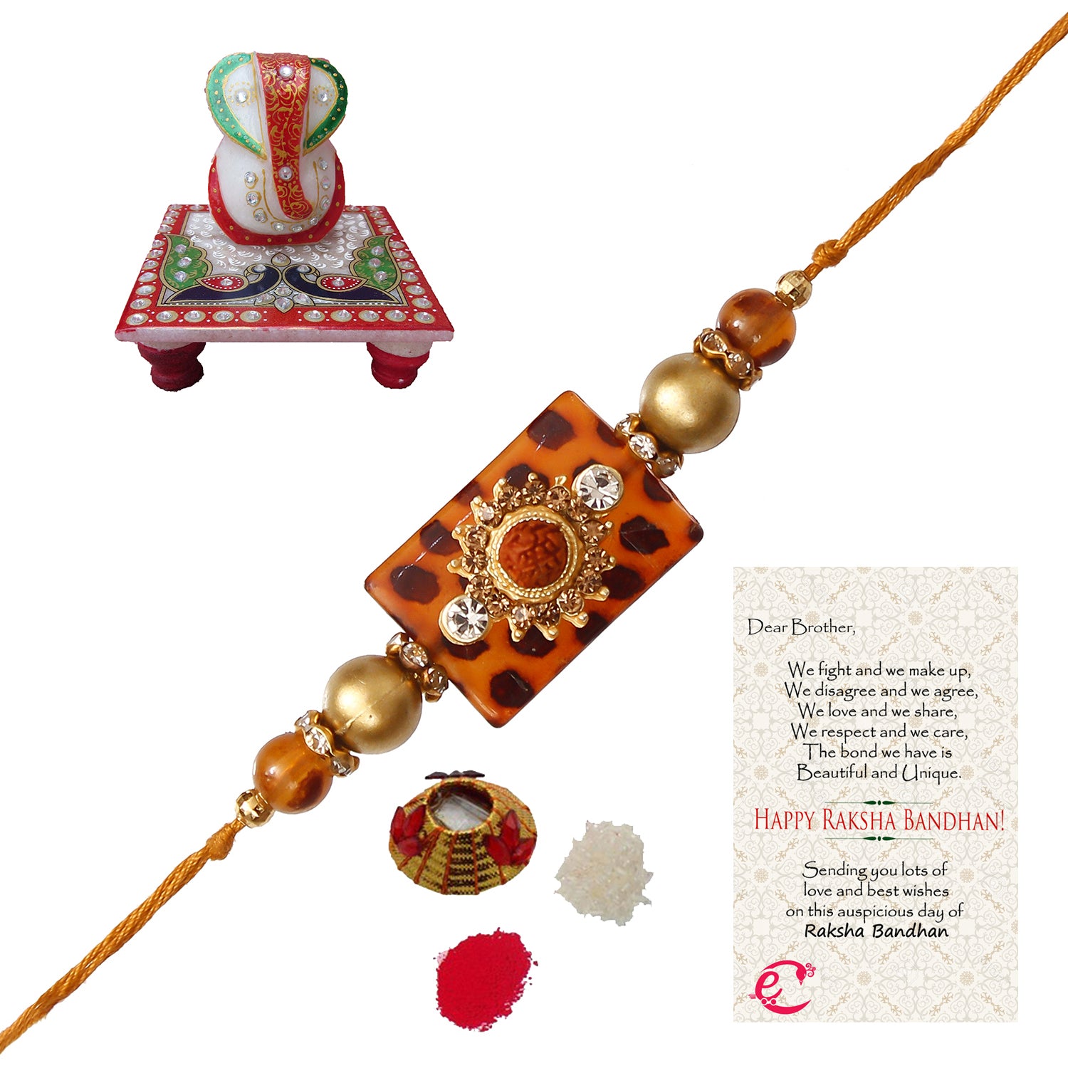 Stone Rudraksh Rakhi with Lord Ganesha Marble Chowki and Roli Tikka Matki, Best Wishes Greeting Card