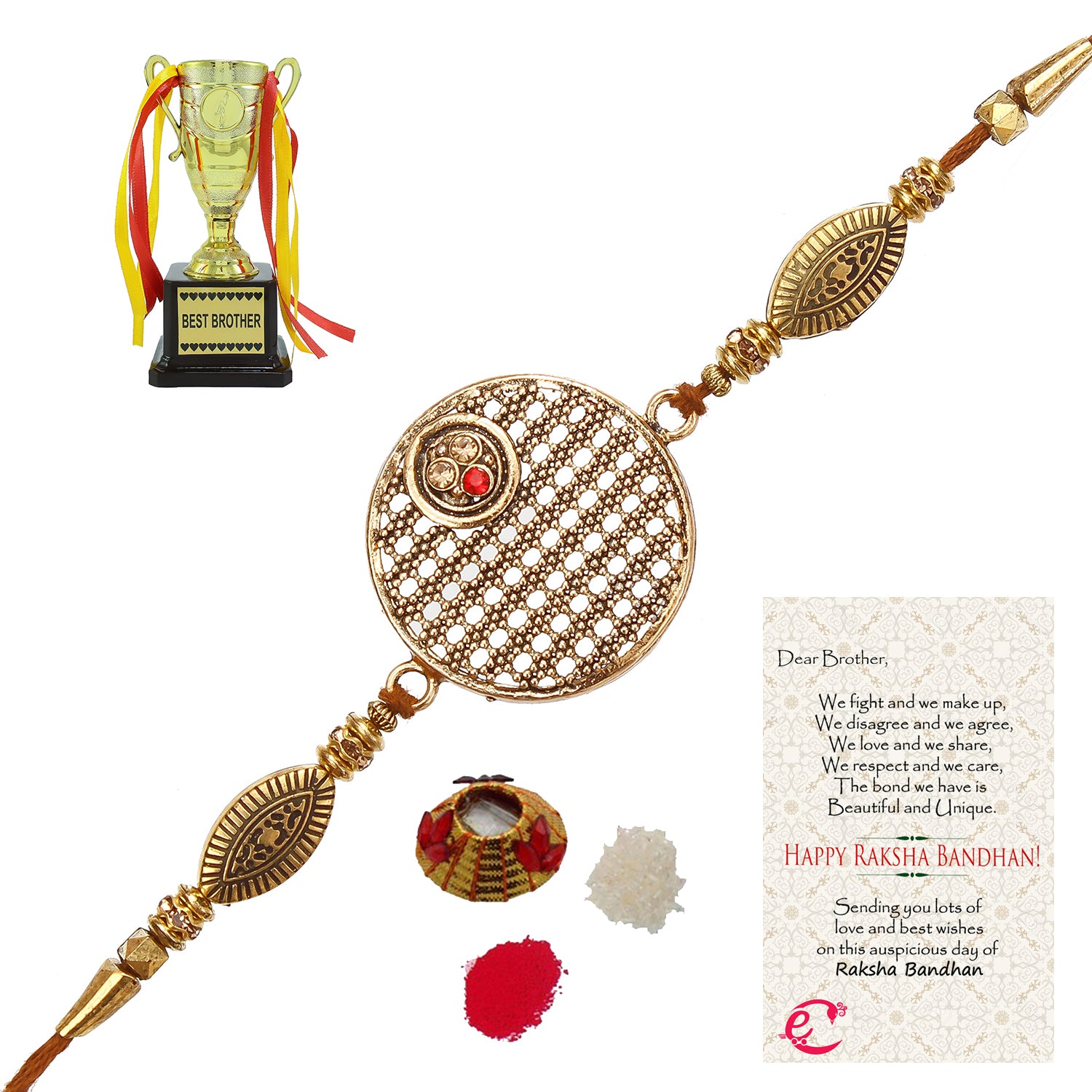 Designer Rakhi with Best Brother Trophy and Roli Tikka Matki, Best Wishes Greeting Card