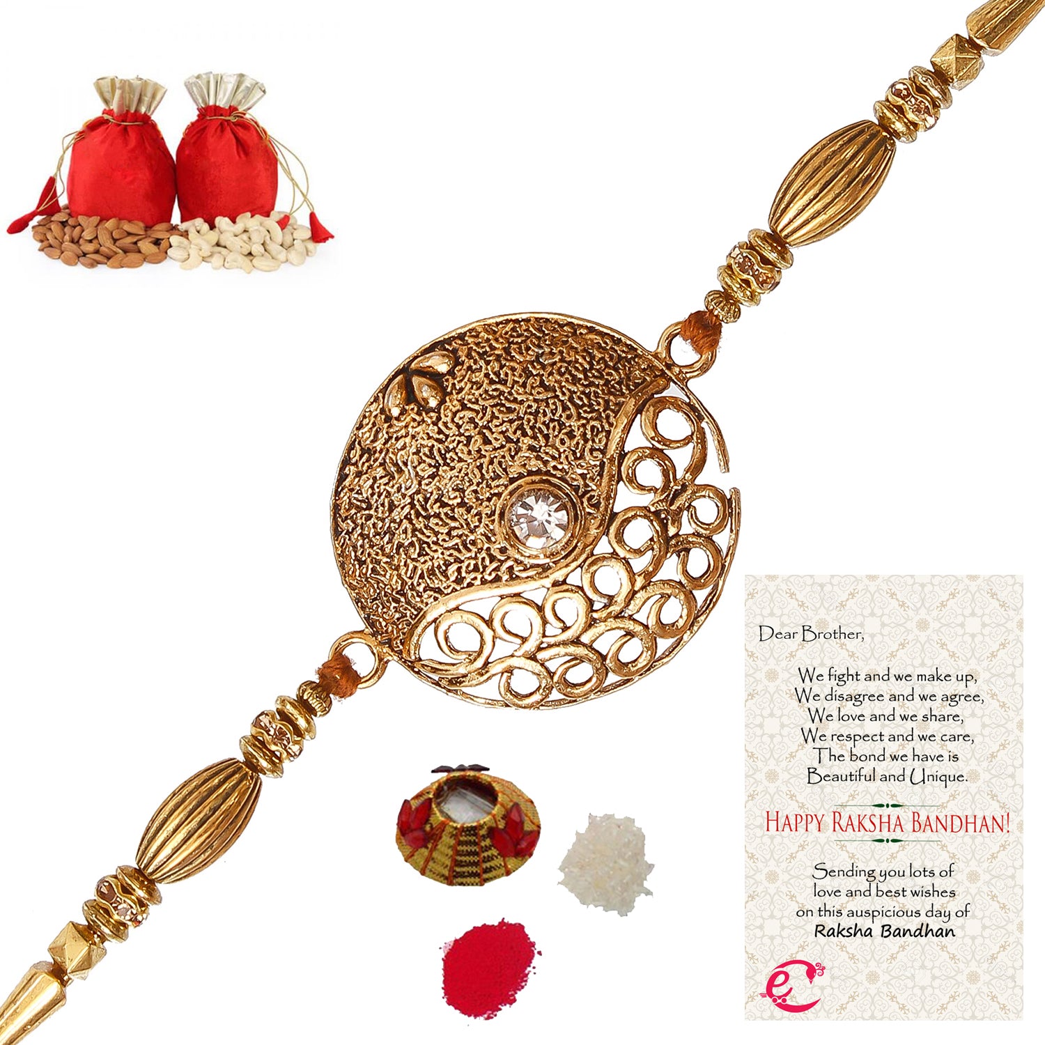 Designer Rakhi with Badam and Cashew (200 gm each, total 400 gm) and Roli Tikka Matki, Best Wishes Greeting Card