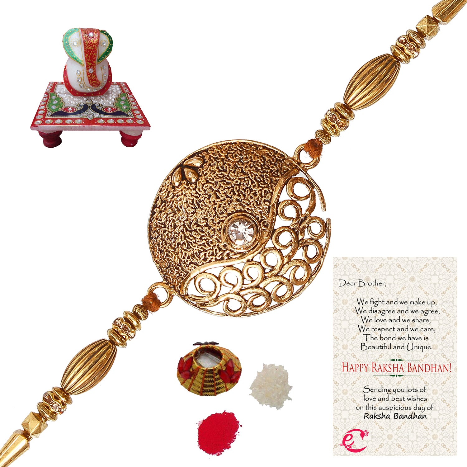 Designer Rakhi with Lord Ganesha Marble Chowki and Roli Tikka Matki, Best Wishes Greeting Card