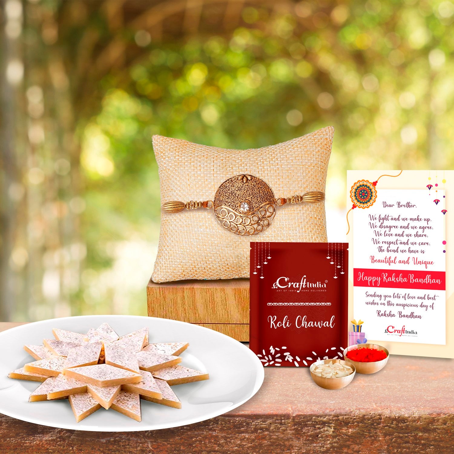 Designer Rakhi with Kaju Katli (500 Gm) and Roli Chawal Pack, Best Wishes Greeting Card