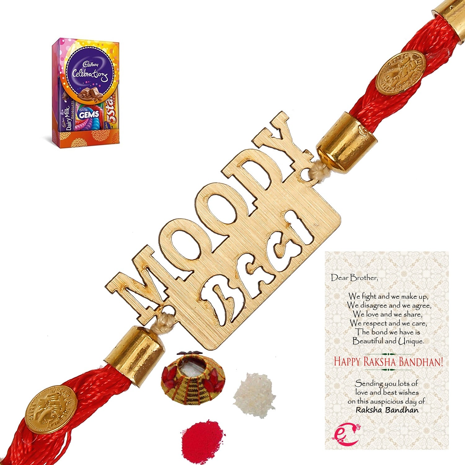 Designer Wooden Moddy Bhai Rakhi with Cadbury Celebrations Gift Pack of 5 Assorted Chocolates and Roli Tikka Matki, Best Wishes Greeting Card