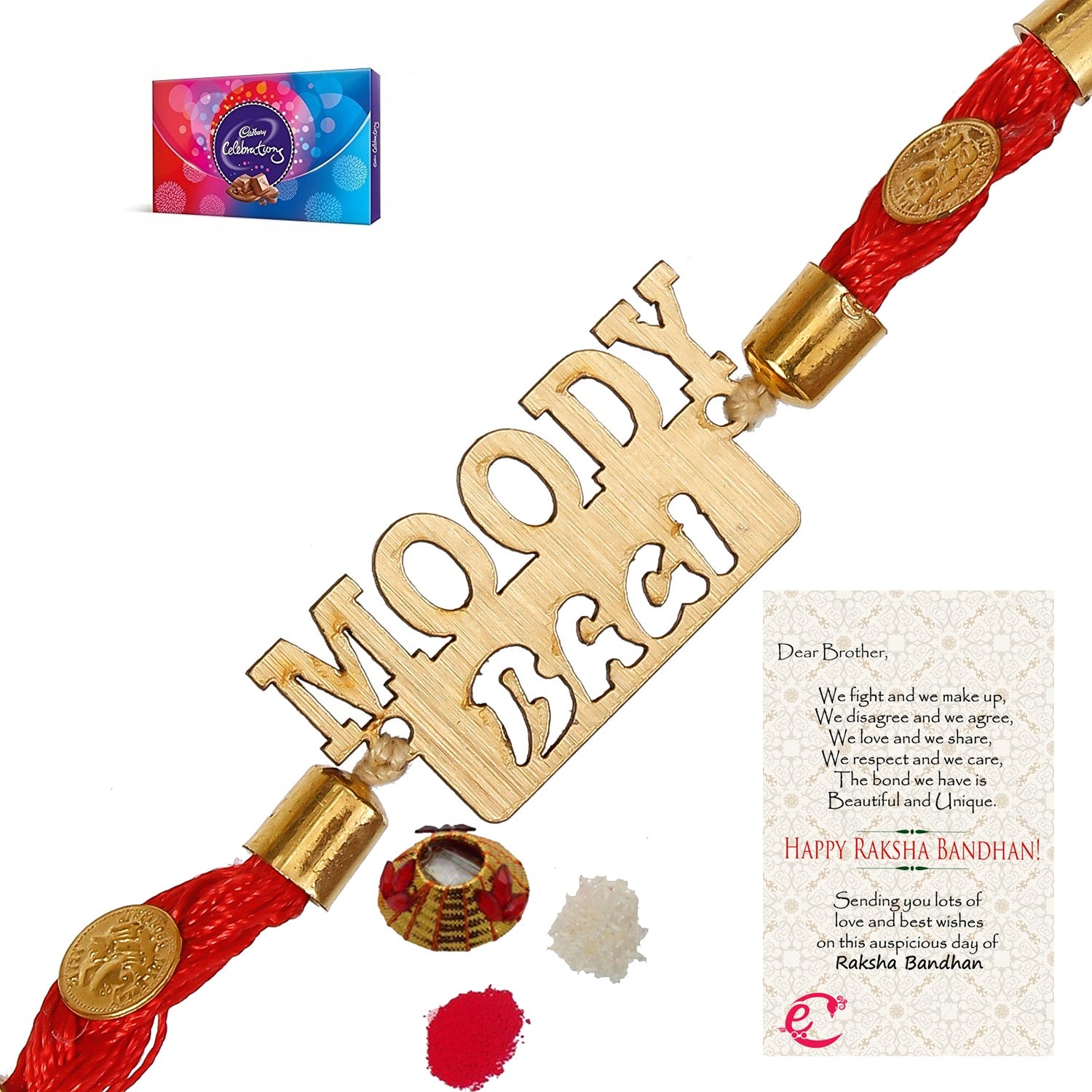 Designer Wooden Moddy Bhai Rakhi with Cadbury Celebrations Gift Pack of 7 Assorted Chocolates and Roli Tikka Matki, Best Wishes Greeting Card