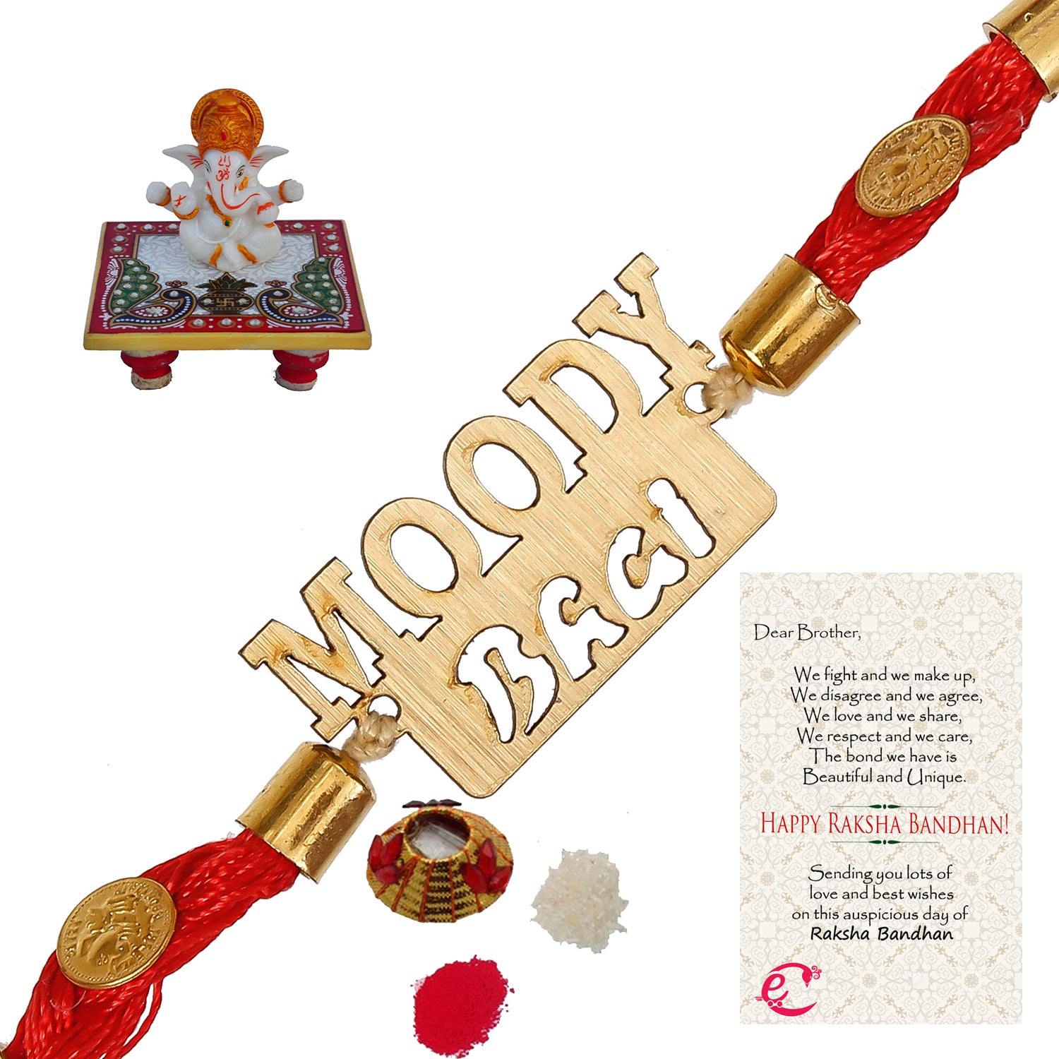 Designer Wooden Moddy Bhai Rakhi with Lord Ganesha Marble Chowki and Roli Tikka Matki, Best Wishes Greeting Card