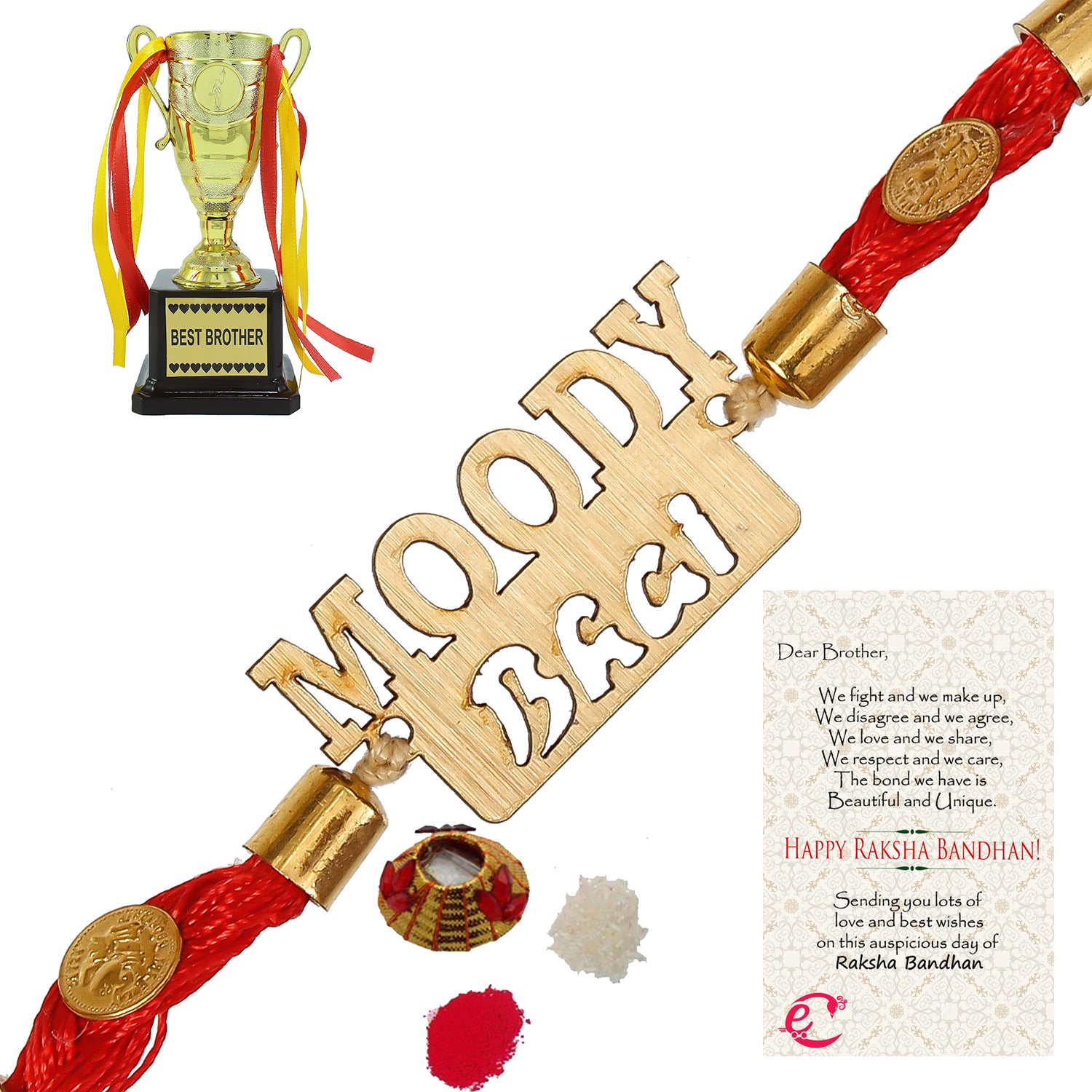 Designer Wooden Moddy Bhai Rakhi with Best Brother Trophy and Roli Tikka Matki, Best Wishes Greeting Card