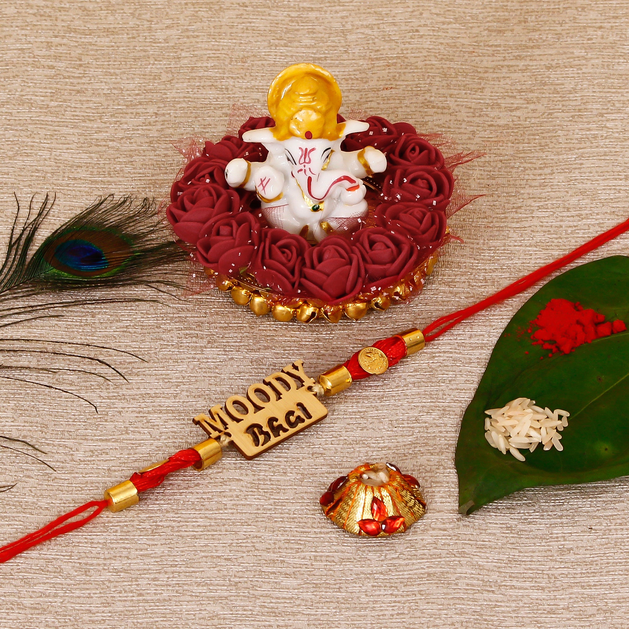 Designer Wooden Moddy Bhai Rakhi with Lord Ganesha Idol on Decorative Plate for Car & Home and Roli Tikka Matki