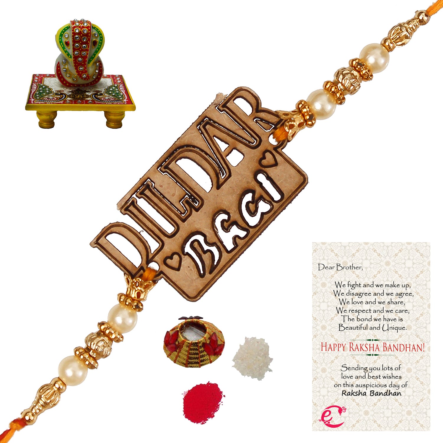 Designer Wooden Dildar Bhai Rakhi with Lord Ganesha on Marble Chowki and Roli Tikka Matki, Best Wishes Greeting Card