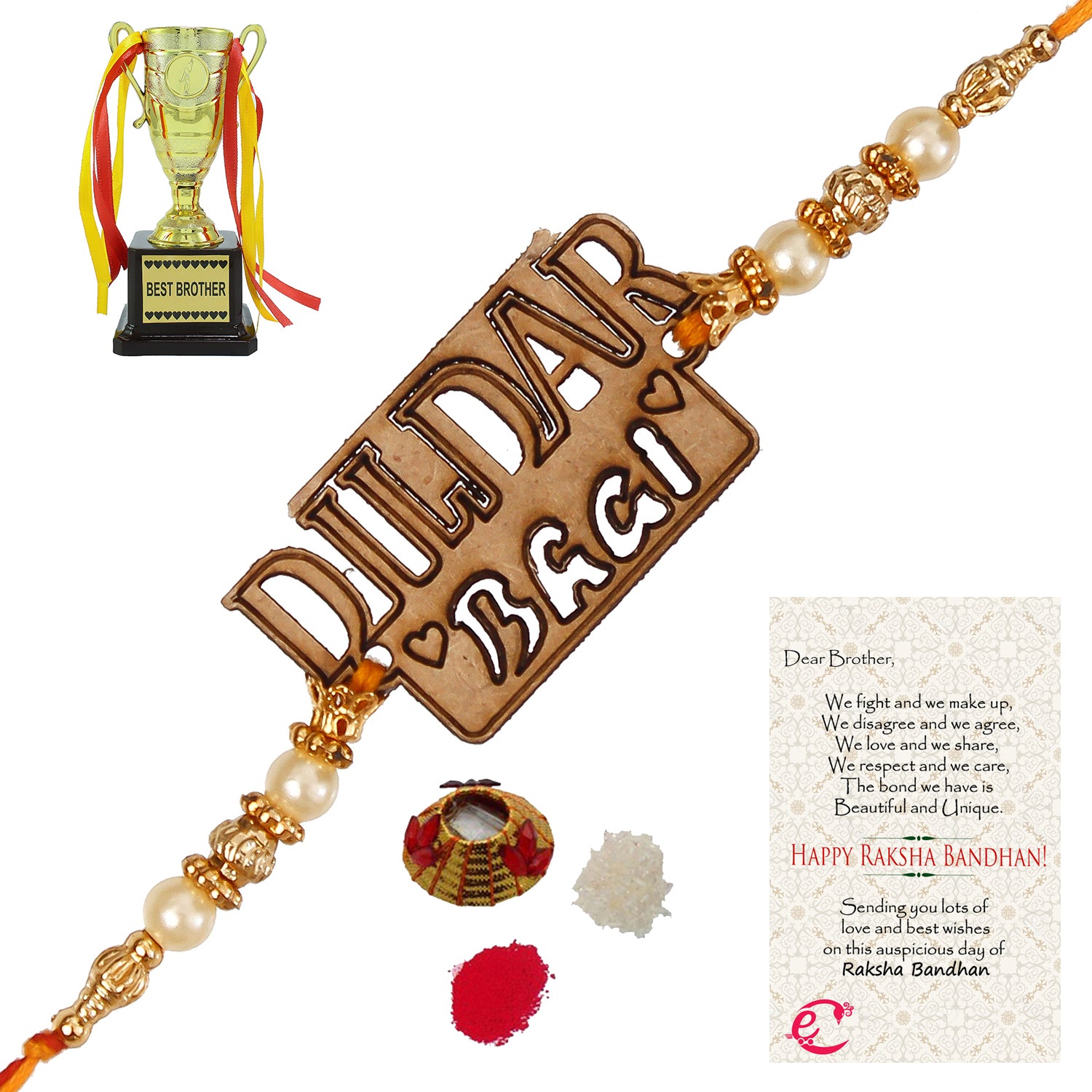 Designer Wooden Dildar Bhai Rakhi with Best Brother Trophy and Roli Tikka Matki, Best Wishes Greeting Card