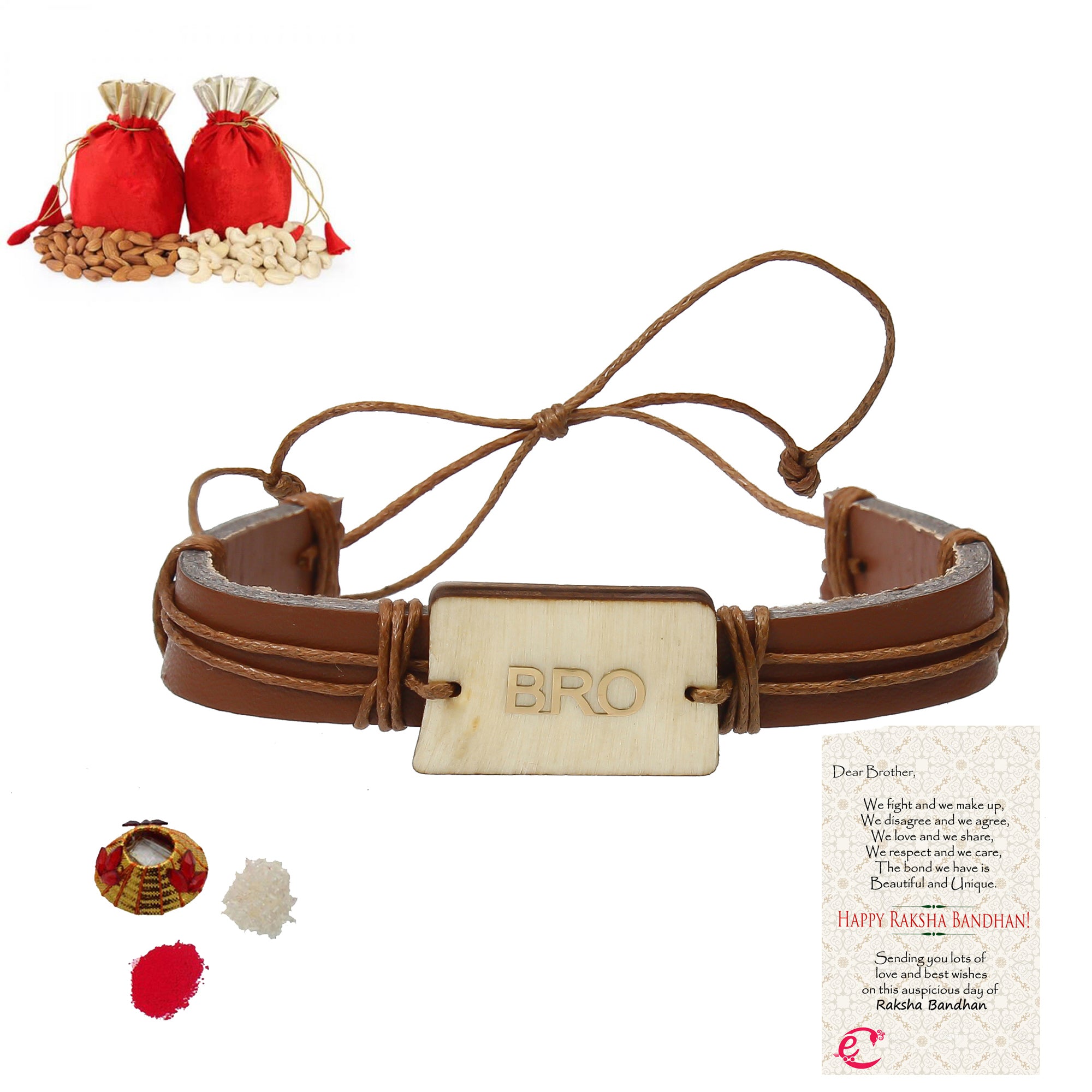 Designer Leather Bracelet BRO Rakhi with Badam and Cashew (200 gm each, total 400 gm) and Roli Tikka Matki, Best Wishes Greeting Card