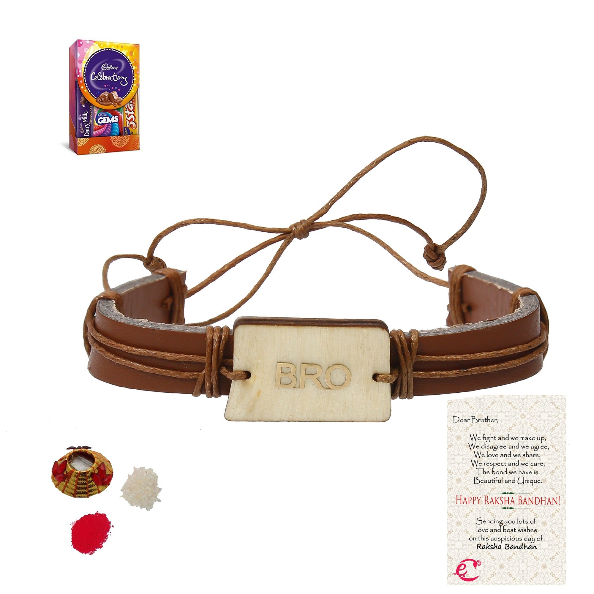 Designer Leather Bracelet BRO Rakhi with Cadbury Celebrations Gift Pack of 5 Assorted Chocolates and Roli Tikka Matki, Best Wishes Greeting Card