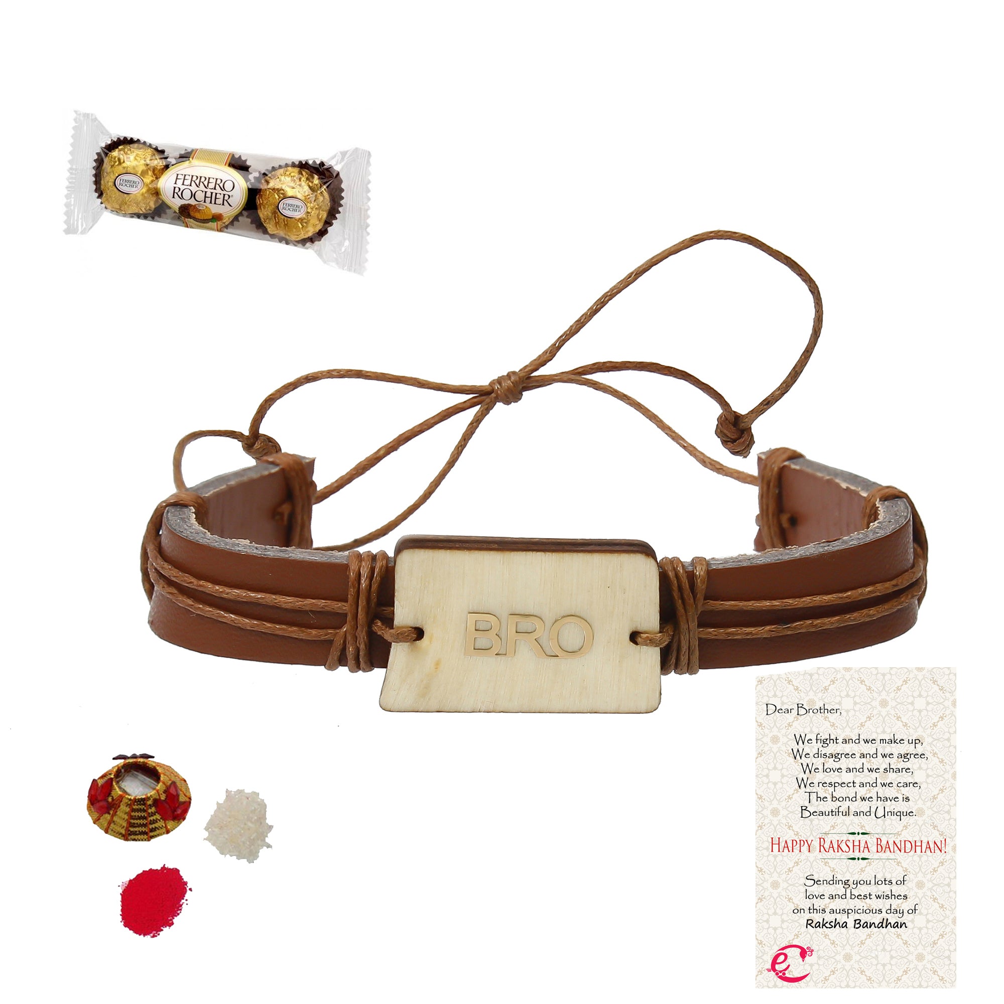 Designer Leather Bracelet BRO Rakhi with Ferrero Rocher (3 pcs) and Roli Tikka Matki, Best Wishes Greeting Card