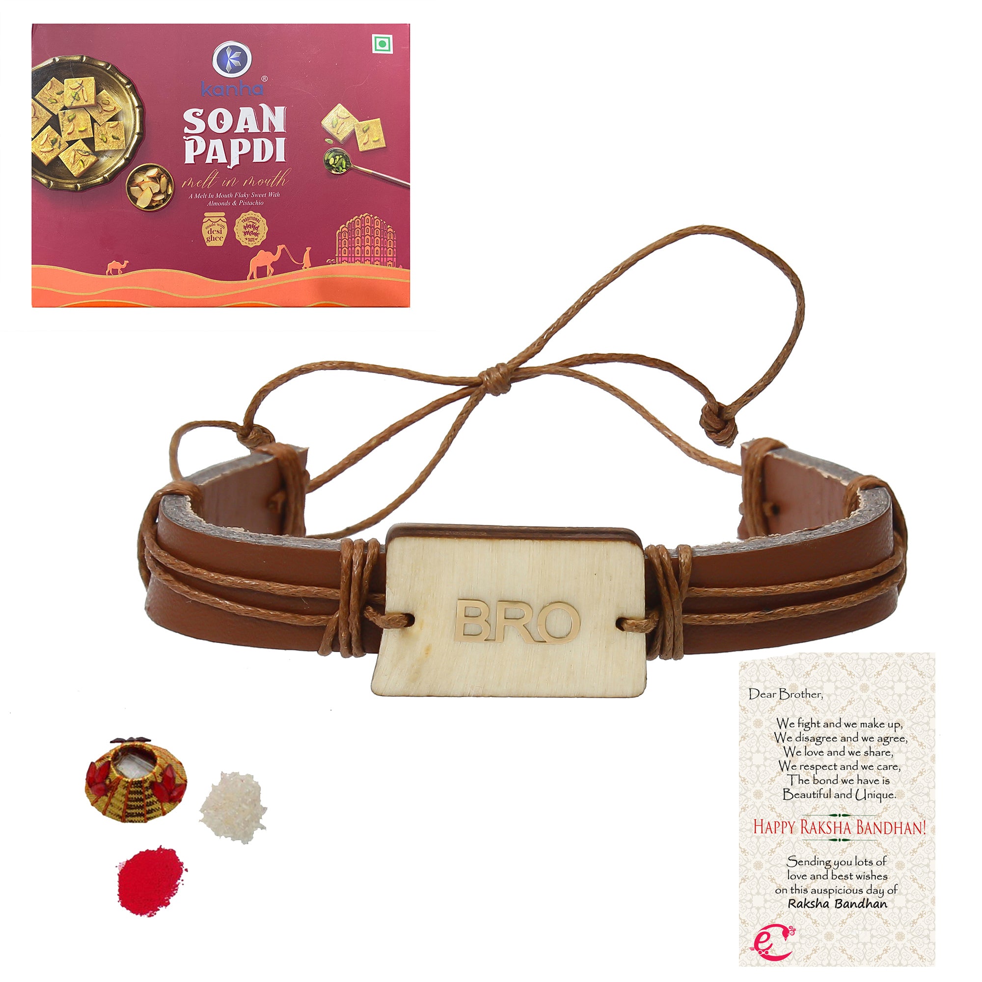 Designer Leather Bracelet BRO Rakhi with Soan Papdi (500 Gm) and Roli Tikka Matki, Best Wishes Greeting Card