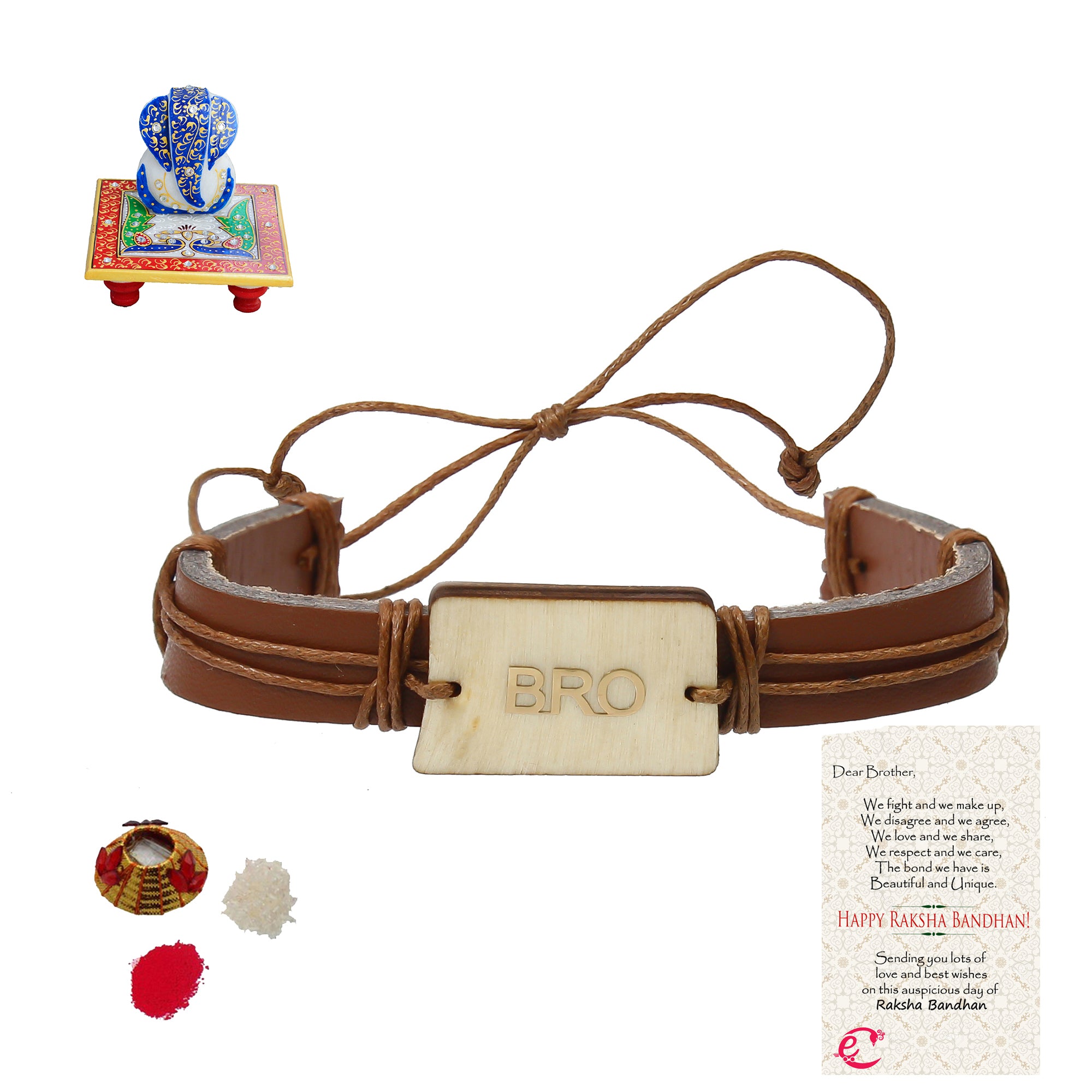 Designer Leather Bracelet BRO Rakhi with Lord Ganesha on Marble Chowki and Roli Tikka Matki, Best Wishes Greeting Card