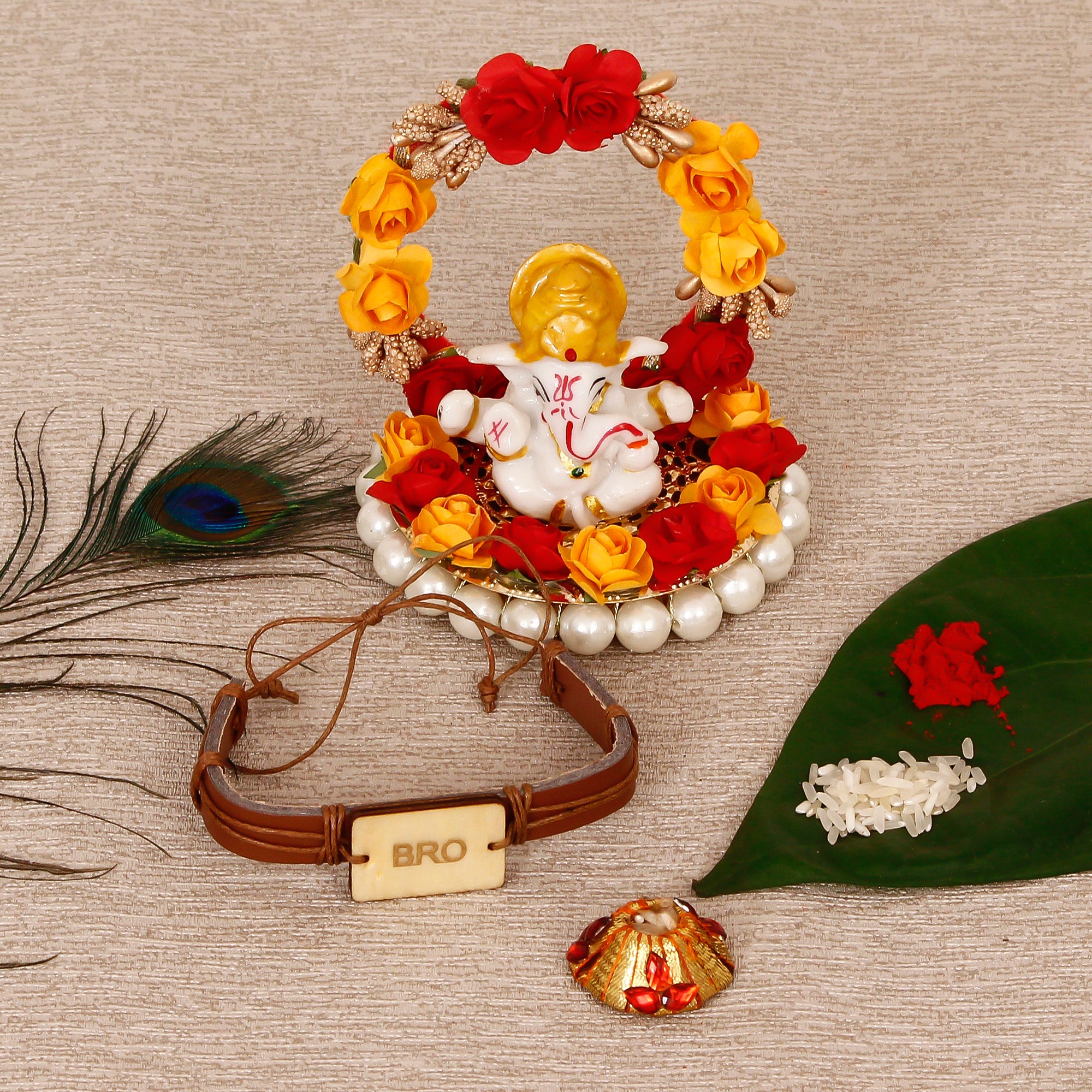 Designer Leather Bracelet BRO Rakhi with Lord Ganesha Idol on Decorative Plate for Car & Home and Roli Tikka Matki