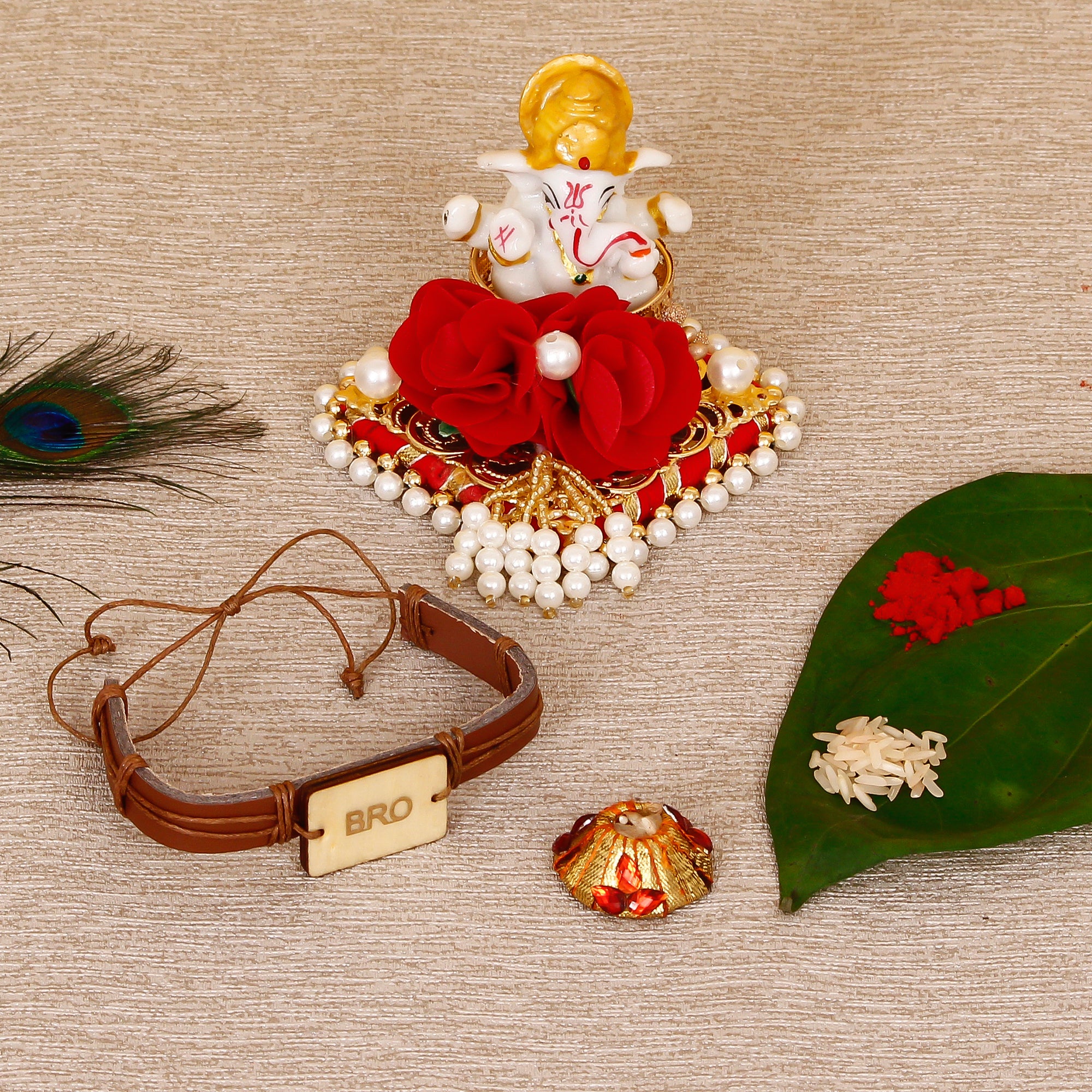 Designer Leather Bracelet BRO Rakhi with Lord Ganesha Idol on Decorative Plate for Car & Home and Roli Tikka Matki