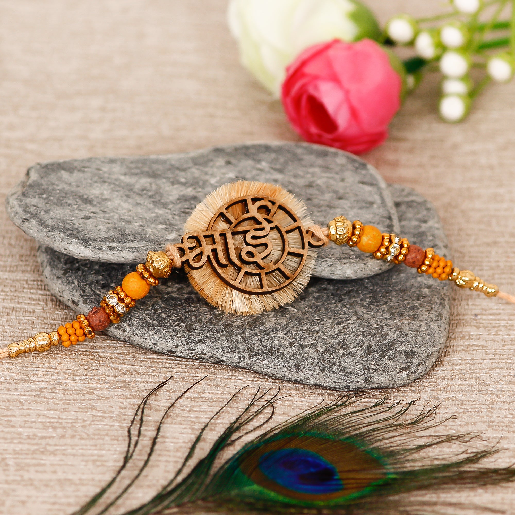 Designer Wooden Bhai Rakhi - eCraftIndia Online