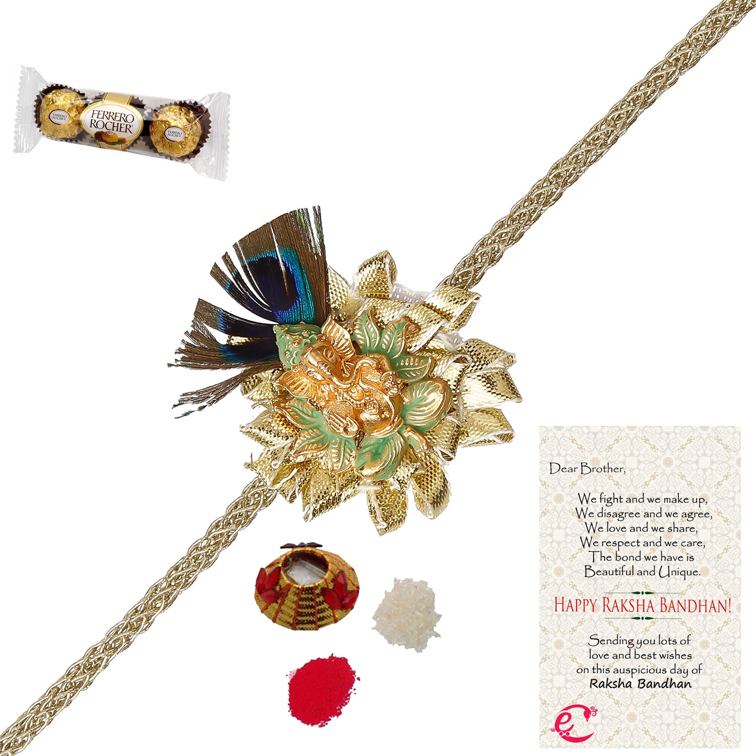 Designer Ganesha Mor Pankh Rakhi with Ferrero Rocher (3 pcs) and Roli Tikka Matki, Best Wishes Greeting Card