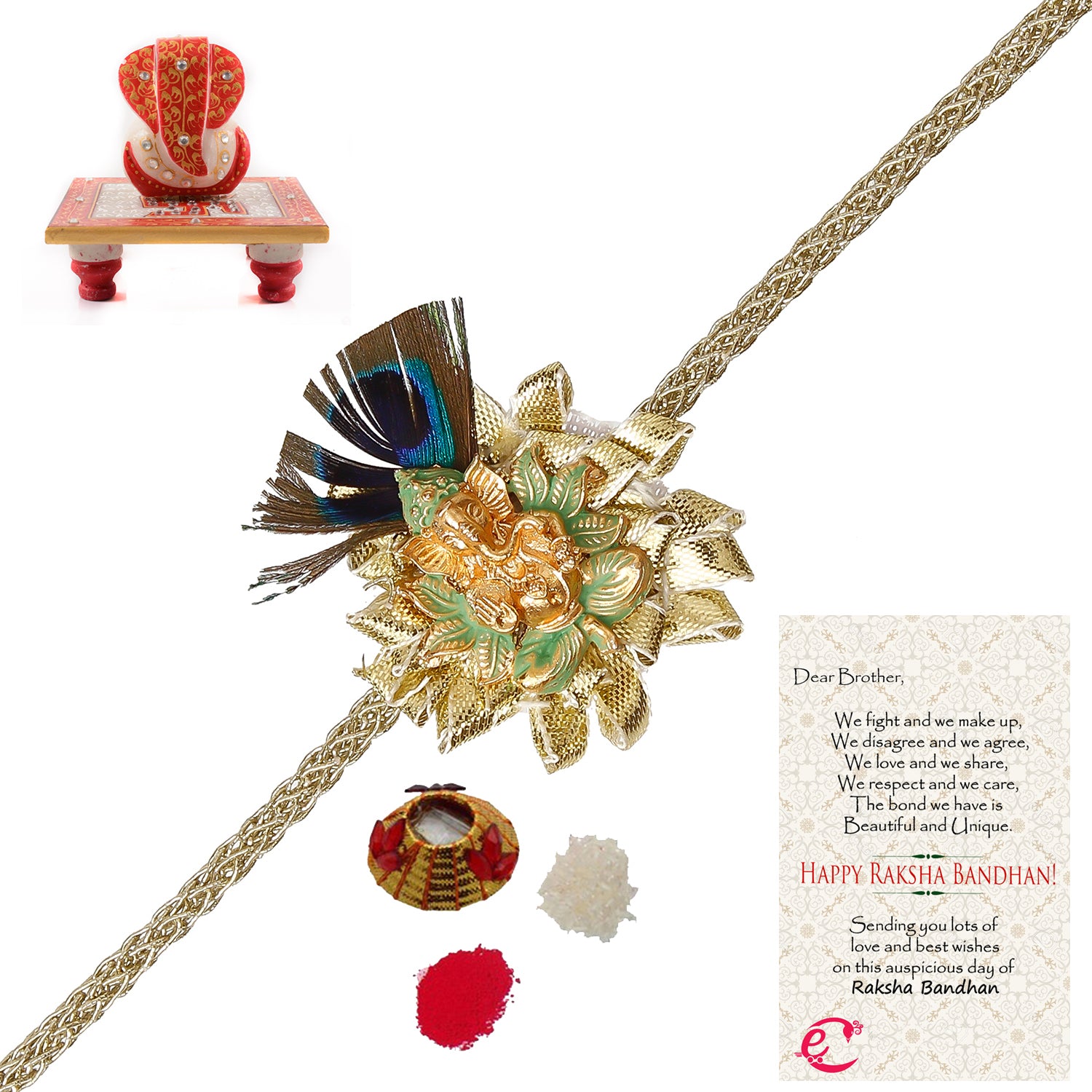 Designer Ganesha Mor Pankh Rakhi with Ridhi Sidhi Marble chowki and Roli Tikka Matki, Best Wishes Greeting Card