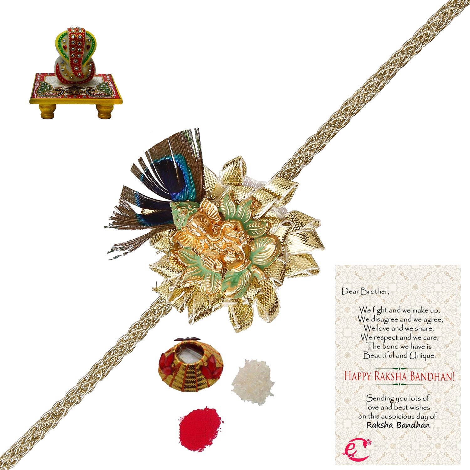 Designer Ganesha Mor Pankh Rakhi with Lord Ganesha on Marble Chowki and Roli Tikka Matki, Best Wishes Greeting Card