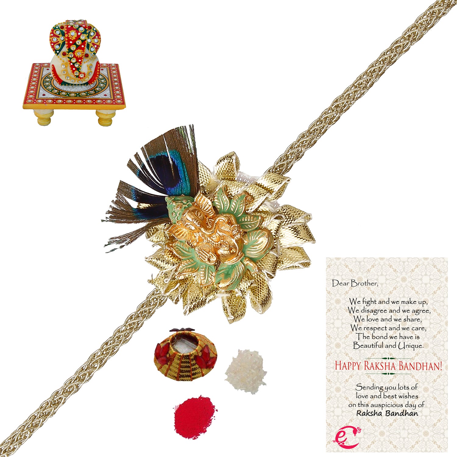 Designer Ganesha Mor Pankh Rakhi with Lord Ganesha on Kundan Studded Marble Chowki and Roli Tikka Matki, Best Wishes Greeting Card