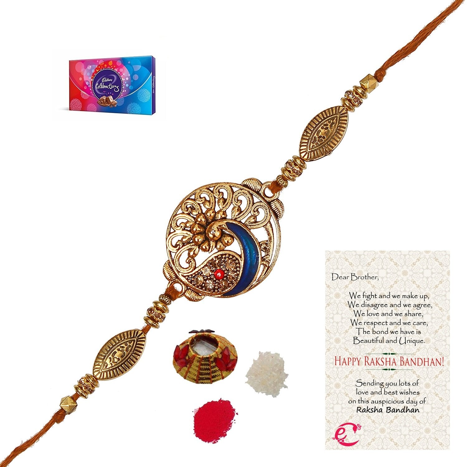 Designer Peacock Rakhi with Cadbury Celebrations Gift Pack of 7 Assorted Chocolates and Roli Tikka Matki, Best Wishes Greeting Card