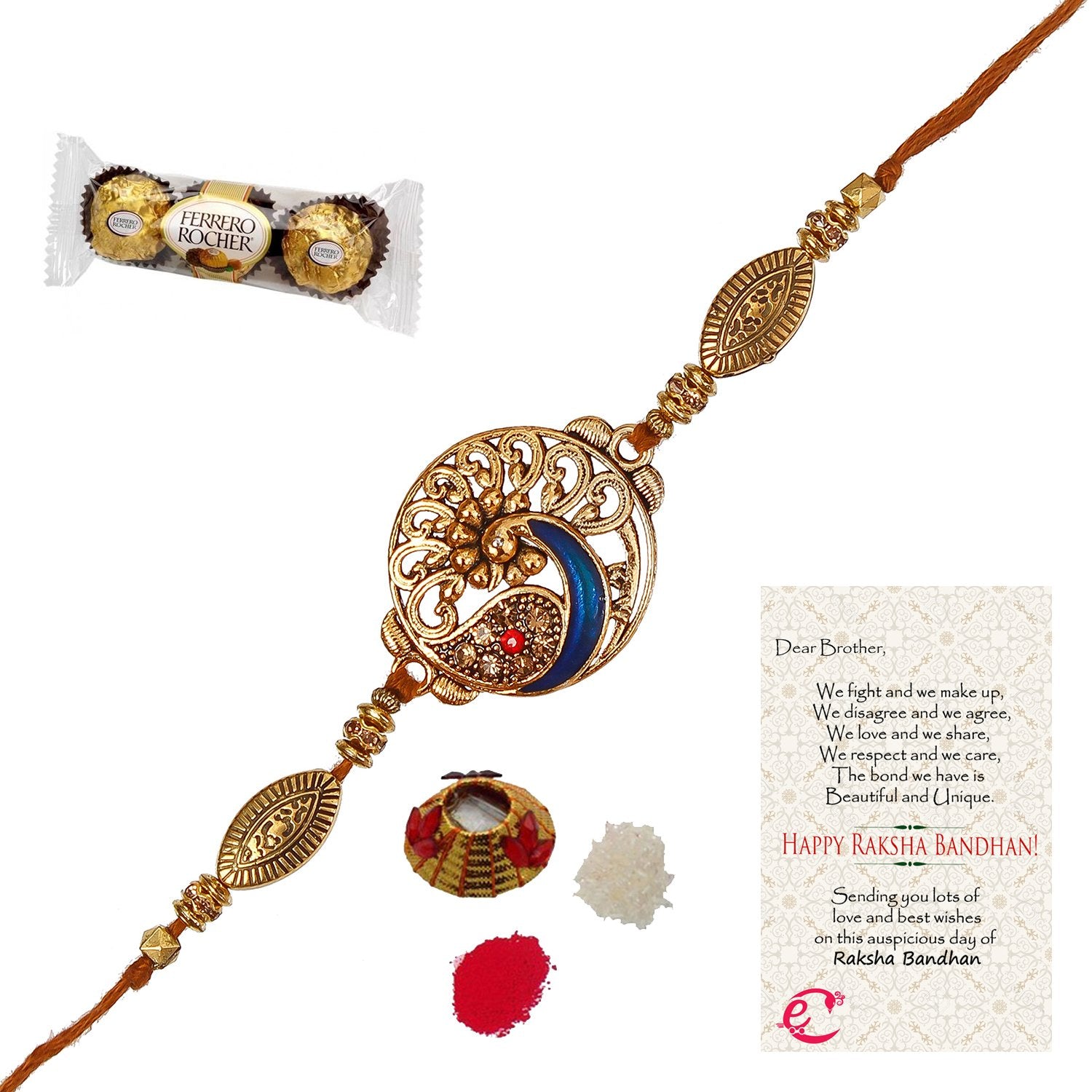 Designer Peacock Rakhi with Ferrero Rocher (3 pcs) and Roli Tikka Matki, Best Wishes Greeting Card