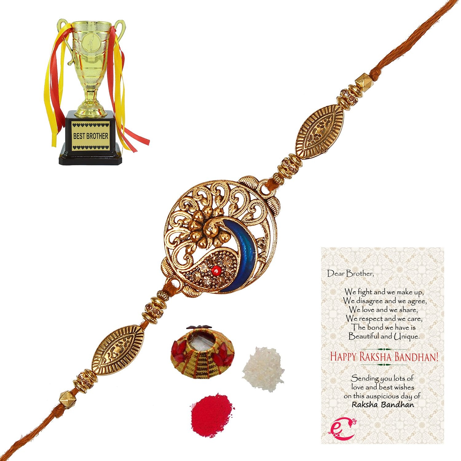 Designer Peacock Rakhi with Best Brother Trophy and Roli Tikka Matki, Best Wishes Greeting Card