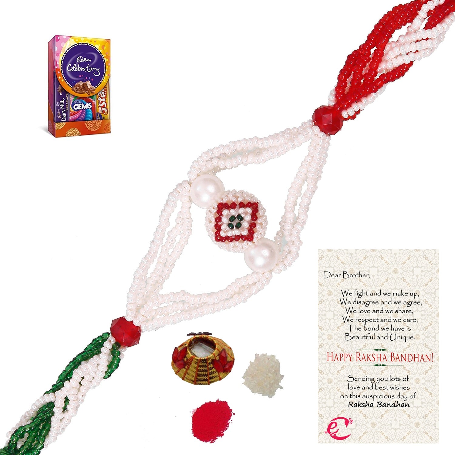 Designer Pearl Rakhi with Cadbury Celebrations Gift Pack of 5 Assorted Chocolates and Roli Tikka Matki, Best Wishes Greeting Card