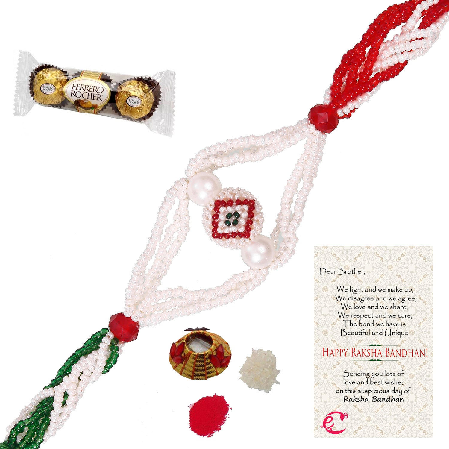 Designer Pearl Rakhi with Ferrero Rocher (3 pcs) and Roli Tikka Matki, Best Wishes Greeting Card