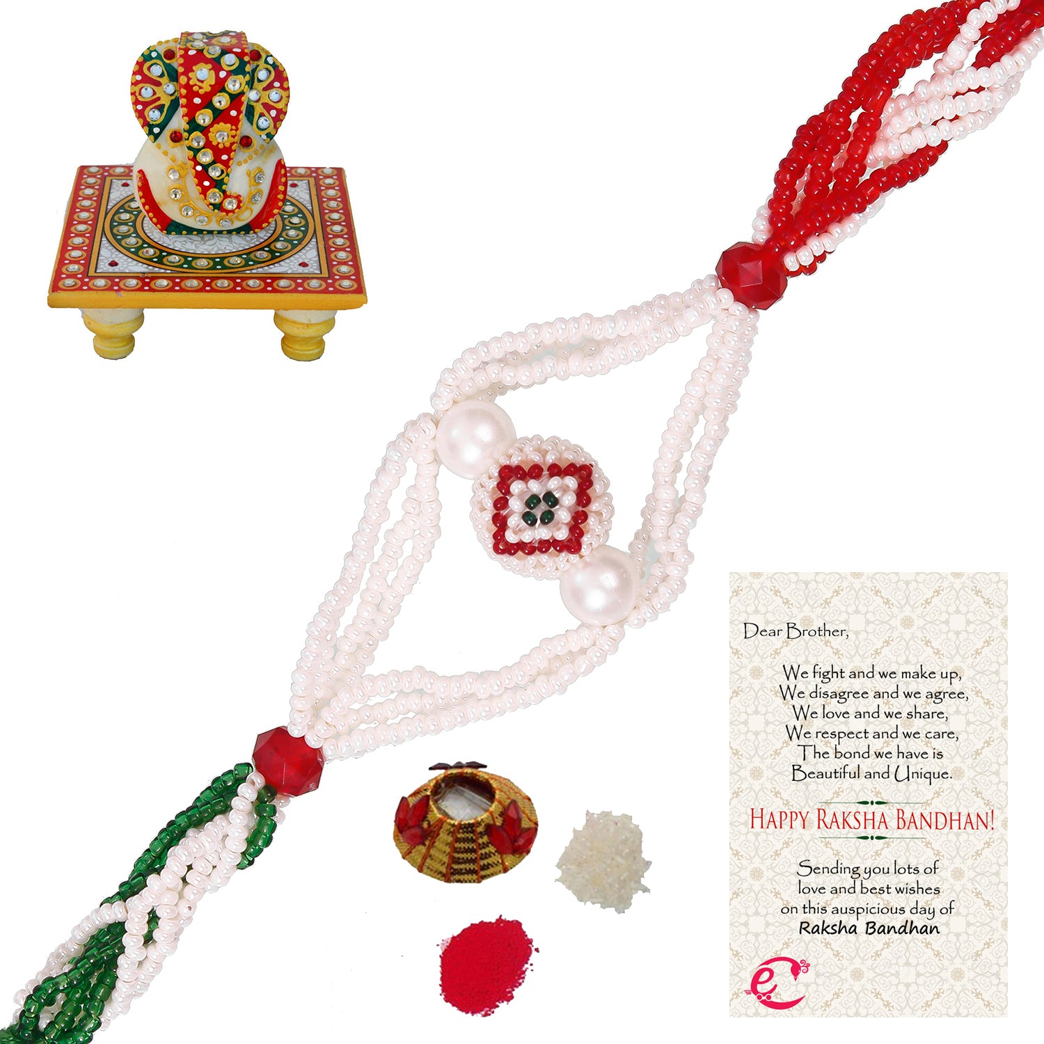 Designer Pearl Rakhi with Lord Ganesha on Kundan Studded Marble Chowki and Roli Tikka Matki, Best Wishes Greeting Card