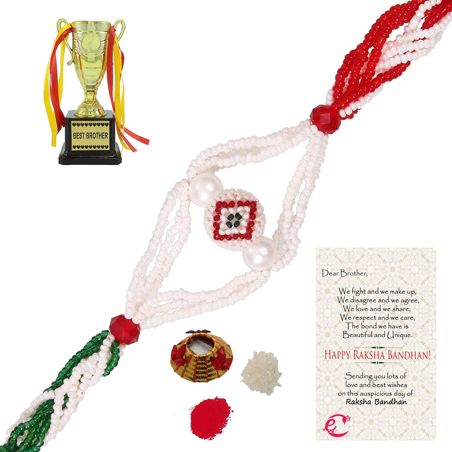 Designer Pearl Rakhi with Best Brother Trophy and Roli Tikka Matki, Best Wishes Greeting Card