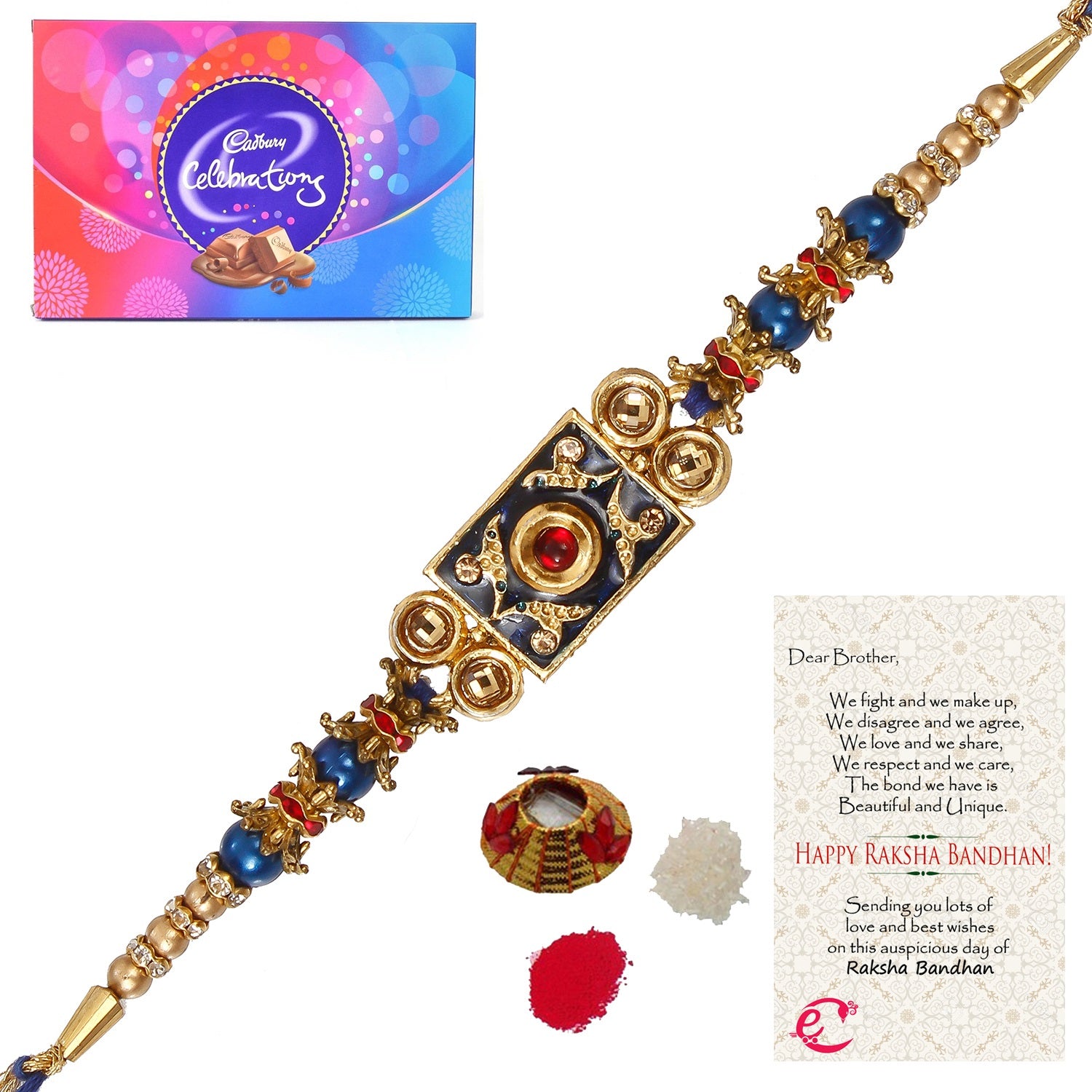 Designer Meenakari Rakhi with Cadbury Celebrations Gift Pack of 11 Assorted Chocolates and Roli Tikka Matki, Best Wishes Greeting Card