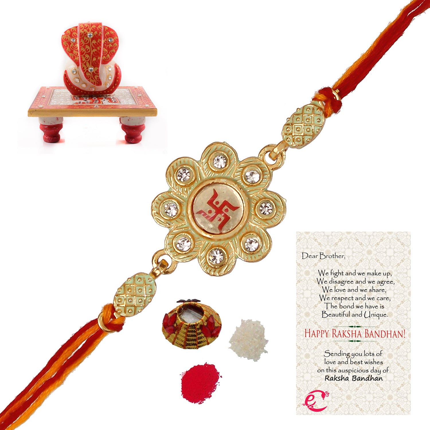 Designer Religious Swastik Rakhi with Ridhi Sidhi Marble chowki and Roli Tikka Matki, Best Wishes Greeting Card