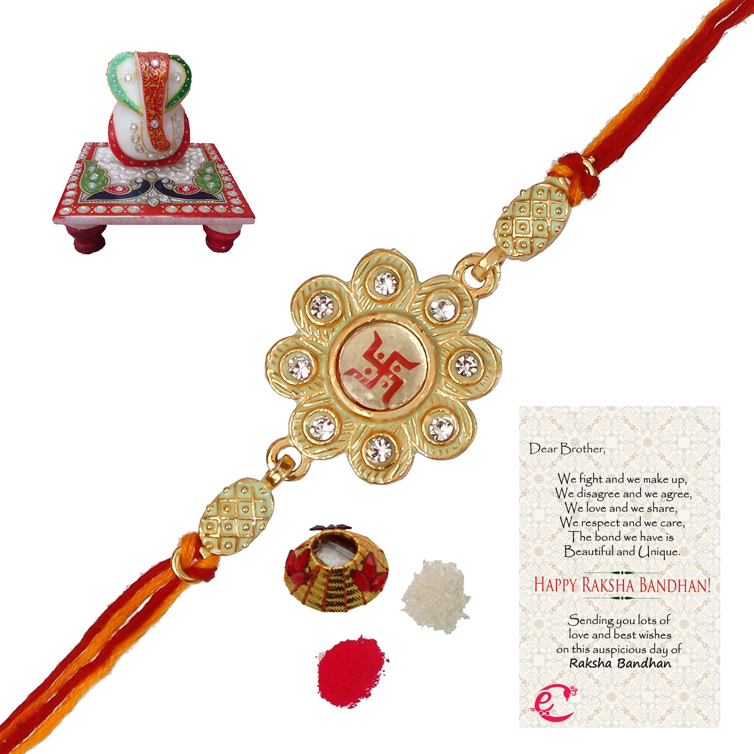 Designer Religious Swastik Rakhi with Lord Ganesha Marble Chowki and Roli Tikka Matki, Best Wishes Greeting Card
