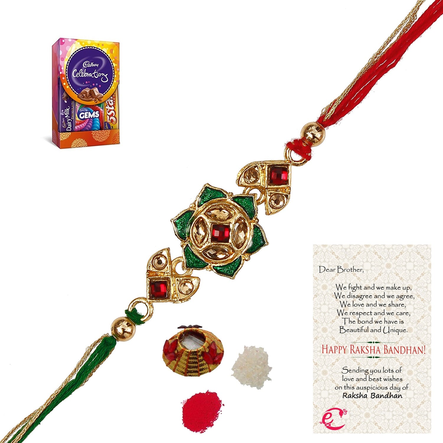 Designer Kundan Rakhi with Cadbury Celebrations Gift Pack of 5 Assorted Chocolates and Roli Tikka Matki, Best Wishes Greeting Card