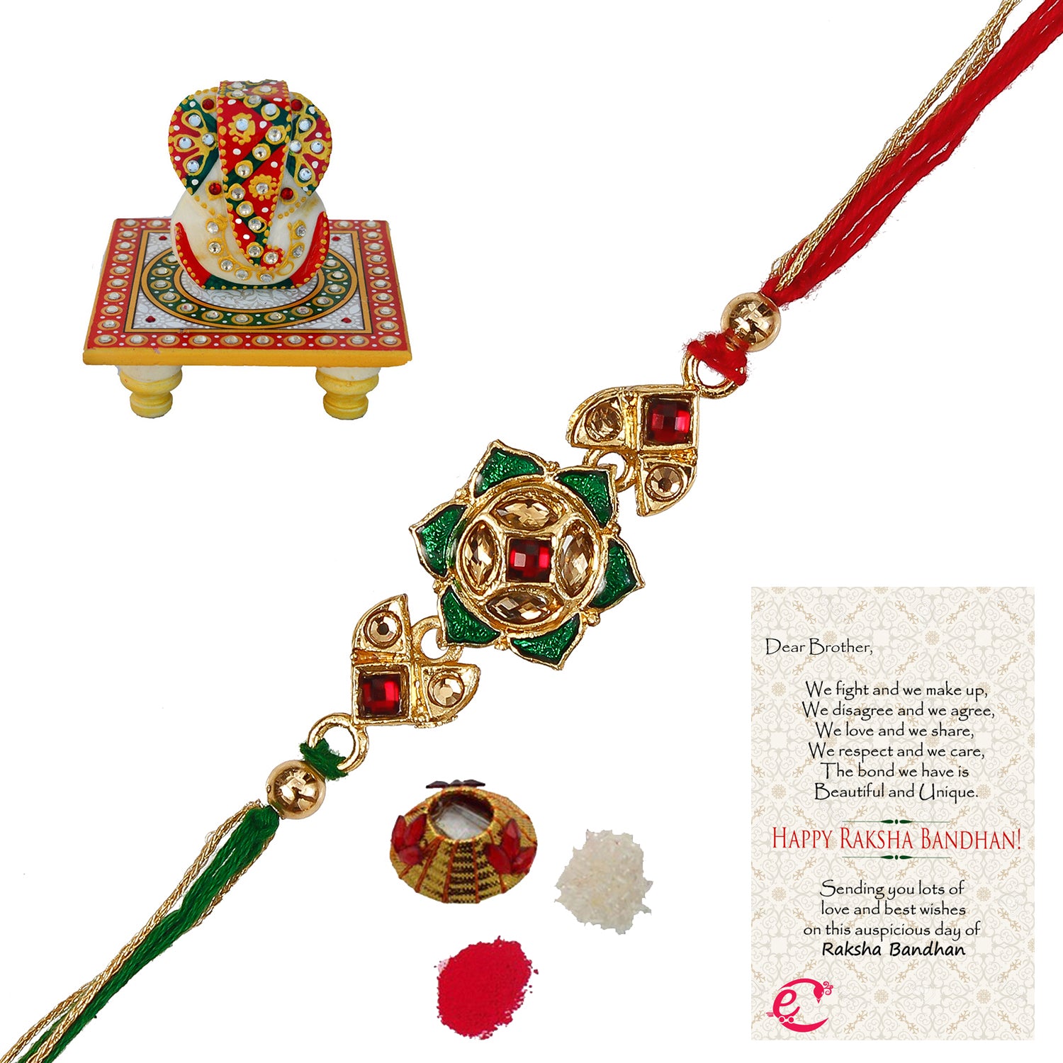 Designer Kundan Rakhi with Lord Ganesha on Kundan Studded Marble Chowki and Roli Tikka Matki, Best Wishes Greeting Card
