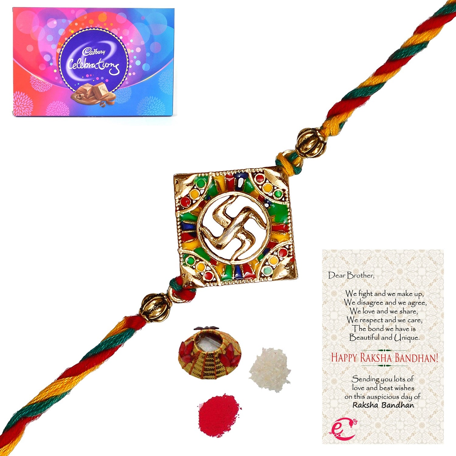 Designer Religious Swastik Rakhi with Cadbury Celebrations Gift Pack of ...