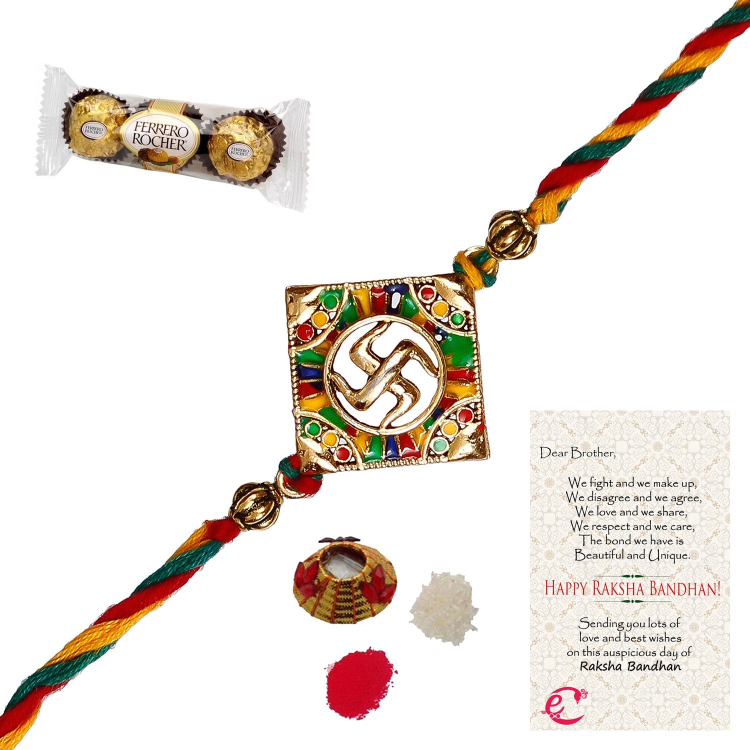 Designer Religious Swastik Rakhi with Ferrero Rocher (3 pcs) and Roli Tikka Matki, Best Wishes Greeting Card