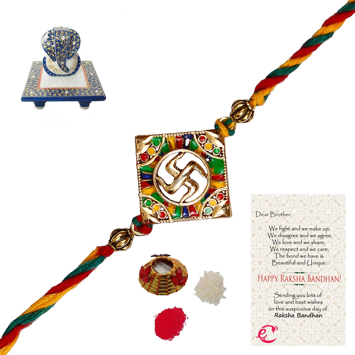 Designer Religious Swastik Rakhi with Lord Ganesha Marble Chowki and Roli Tikka Matki, Best Wishes Greeting Card