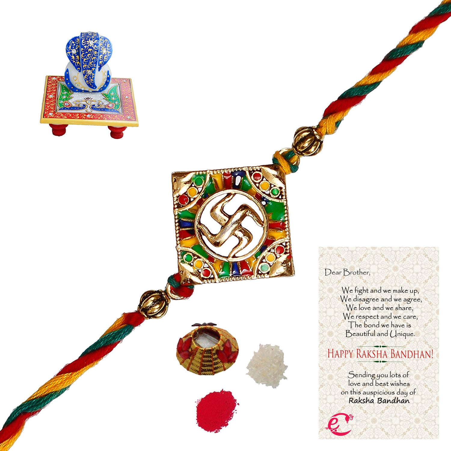 Designer Religious Swastik Rakhi with Lord Ganesha on Marble Chowki and Roli Tikka Matki, Best Wishes Greeting Card